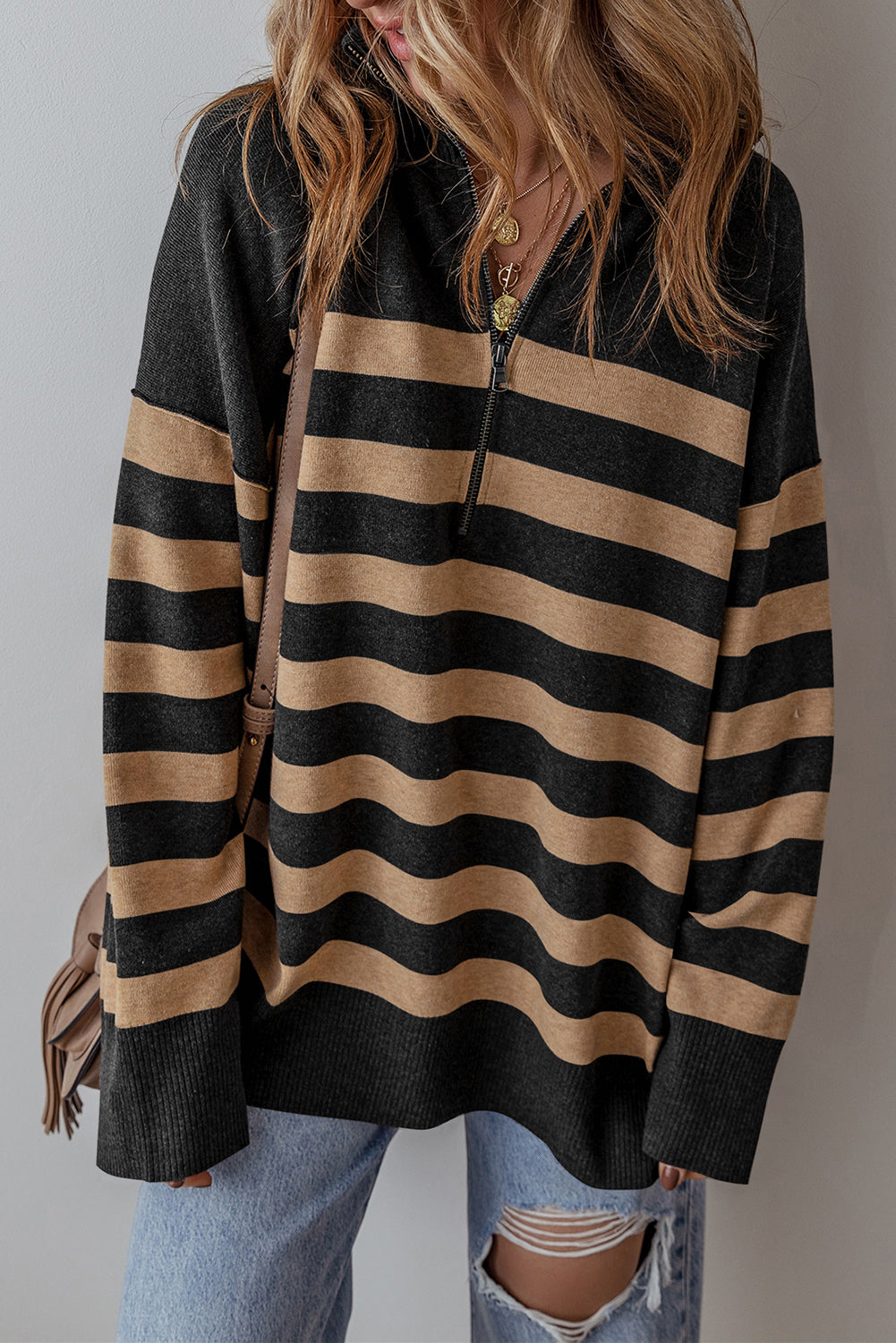 Black Striped Collared Quarter Zip Oversized Sweater - MAD RUFFI