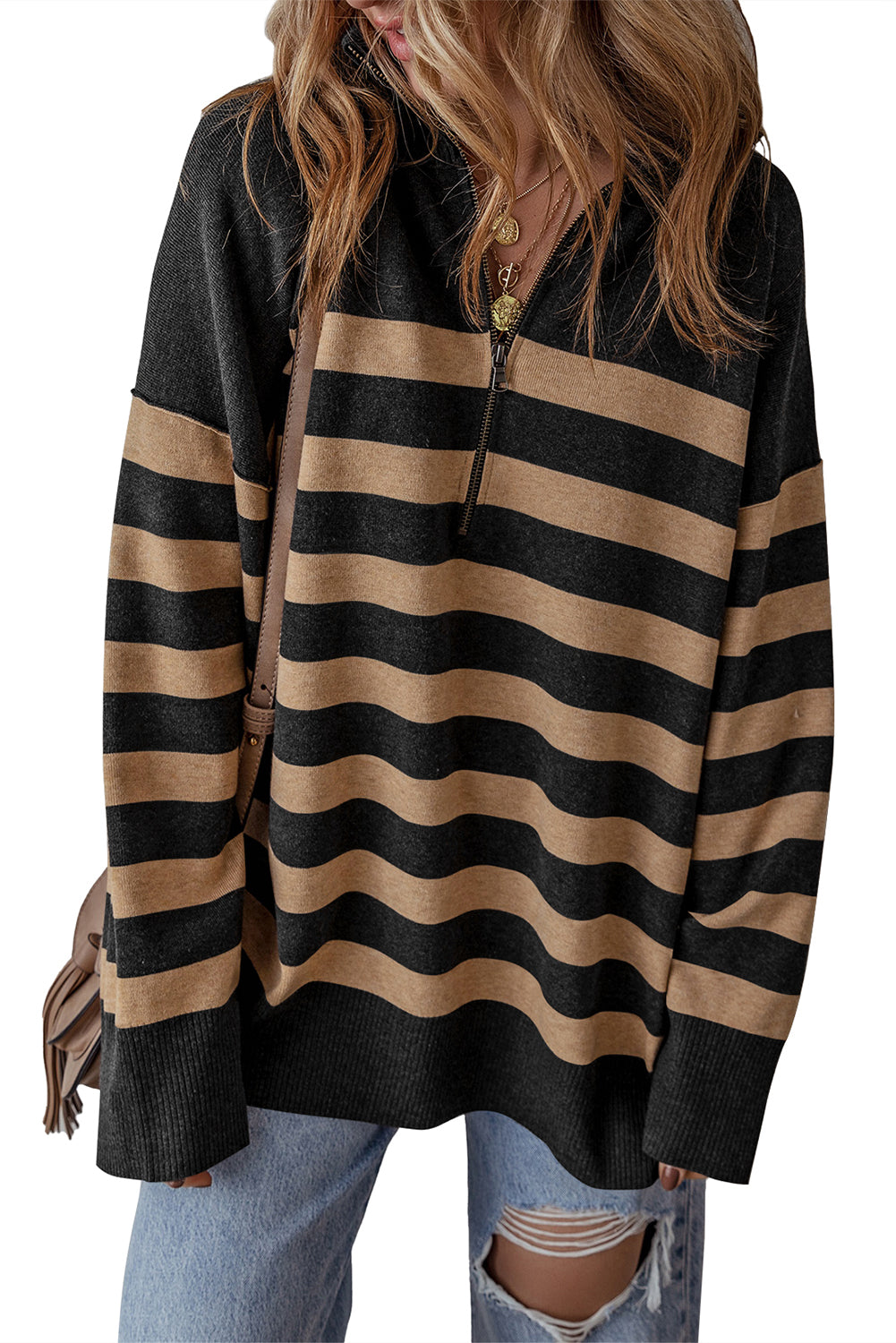 Black Striped Collared Quarter Zip Oversized Sweater - MAD RUFFI