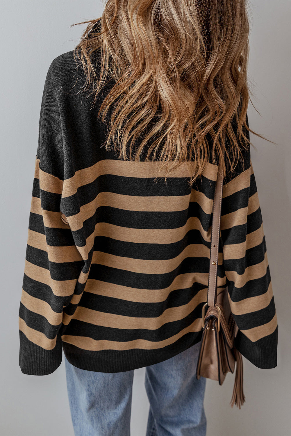 Black Striped Collared Quarter Zip Oversized Sweater - MAD RUFFI