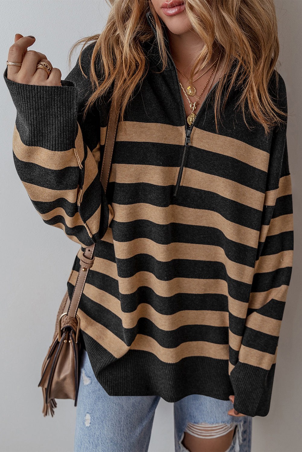 Black Striped Collared Quarter Zip Oversized Sweater - MAD RUFFI