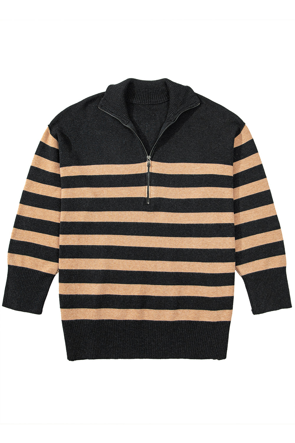 Black Striped Collared Quarter Zip Oversized Sweater - MAD RUFFI