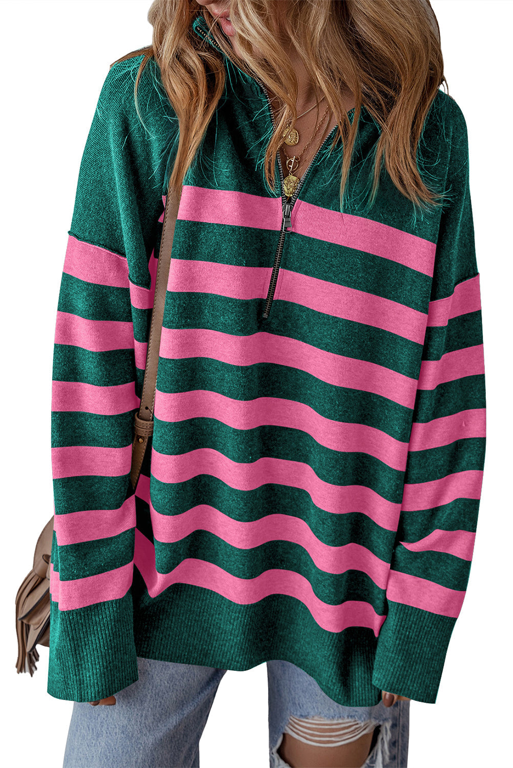 Black Striped Collared Quarter Zip Oversized Sweater - MAD RUFFI