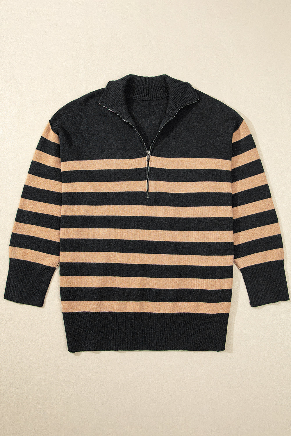 Black Striped Collared Quarter Zip Oversized Sweater - MAD RUFFI