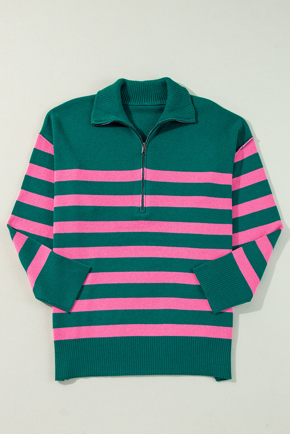 Black Striped Collared Quarter Zip Oversized Sweater - MAD RUFFI