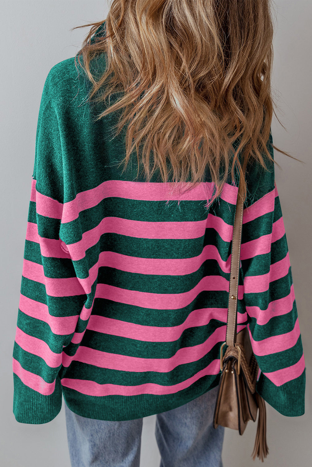 Black Striped Collared Quarter Zip Oversized Sweater - MAD RUFFI