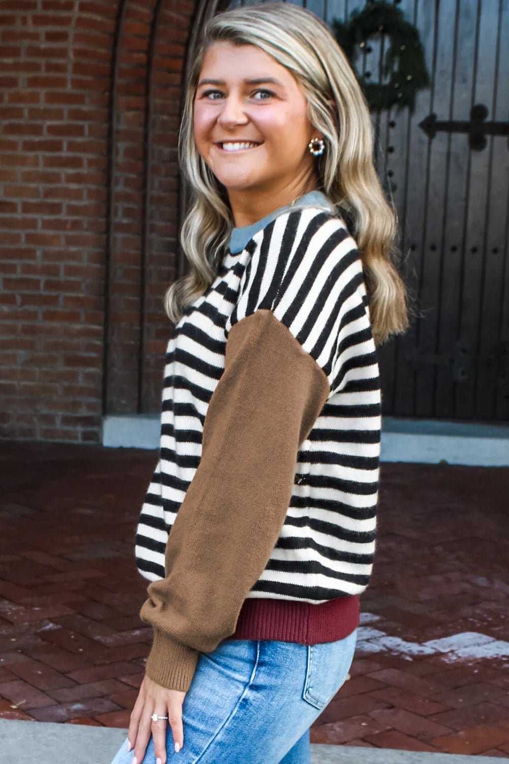 Black Striped Colorblock Patchwork Long Sleeve Sweater - MAD RUFFI