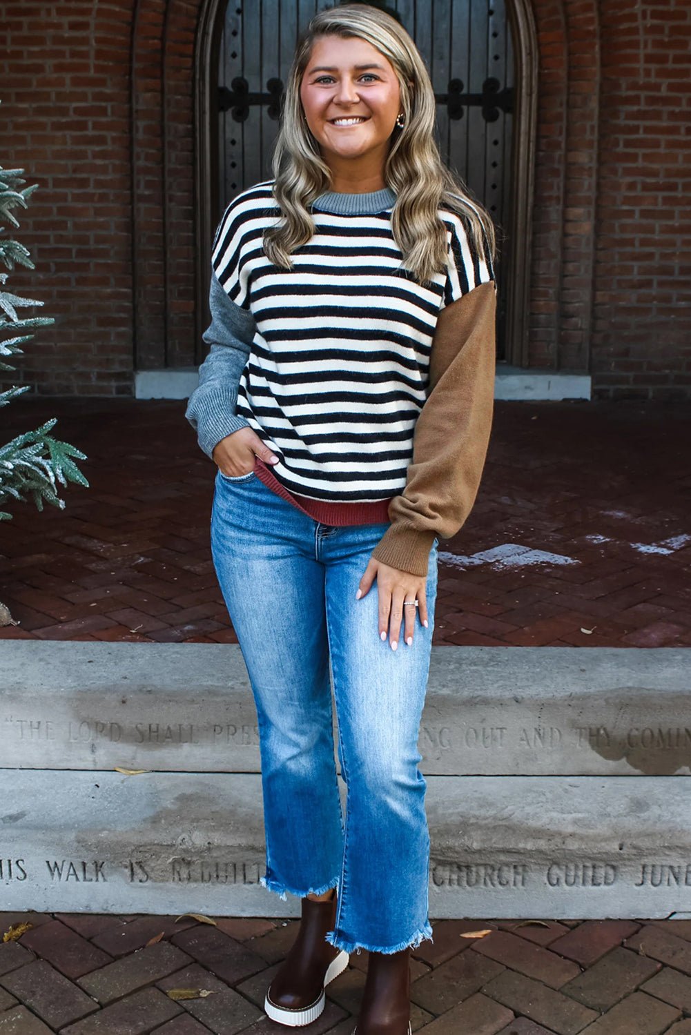 Black Striped Colorblock Patchwork Long Sleeve Sweater - MAD RUFFI