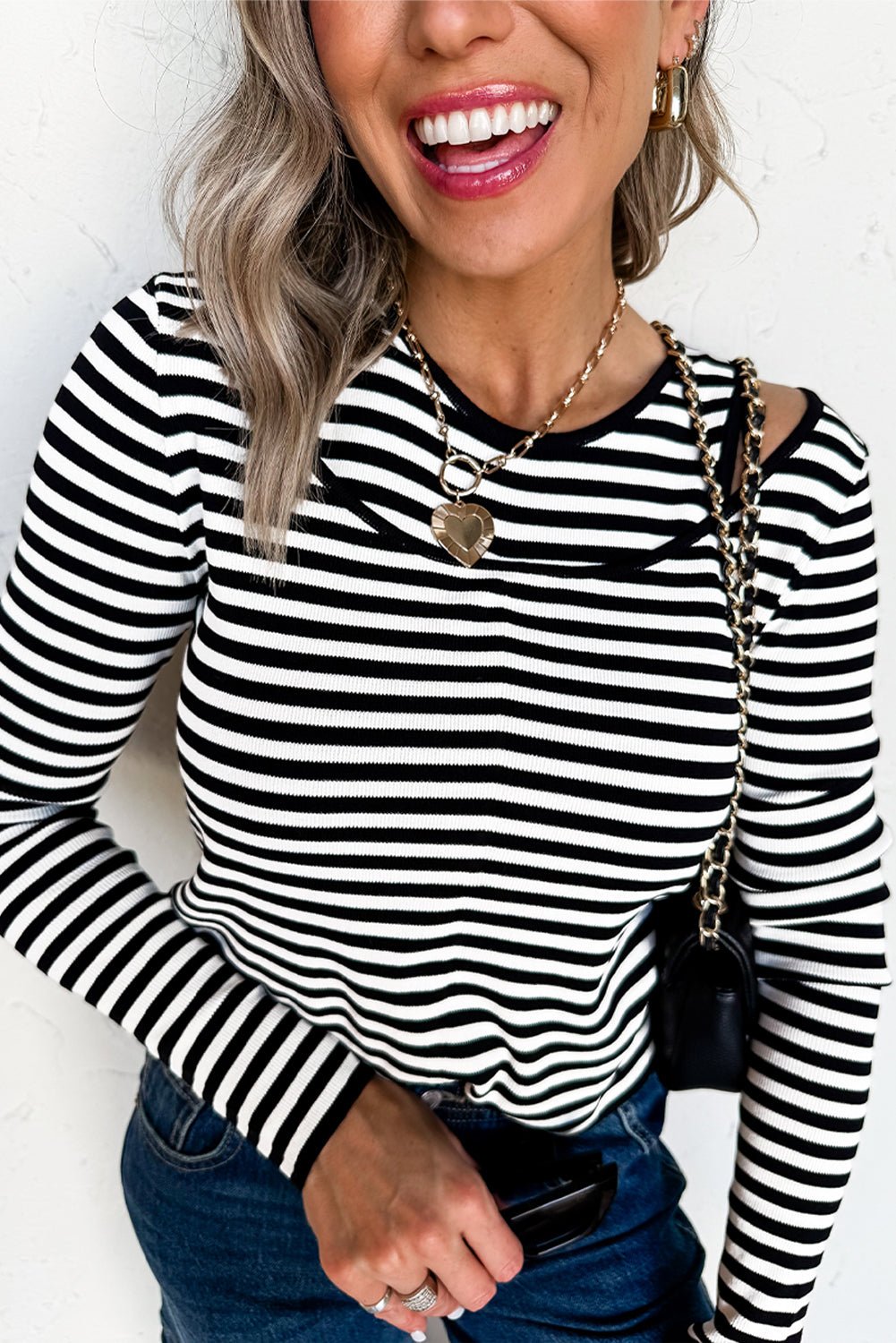 Black Striped Cutout Long Sleeve Top - MAD RUFFI