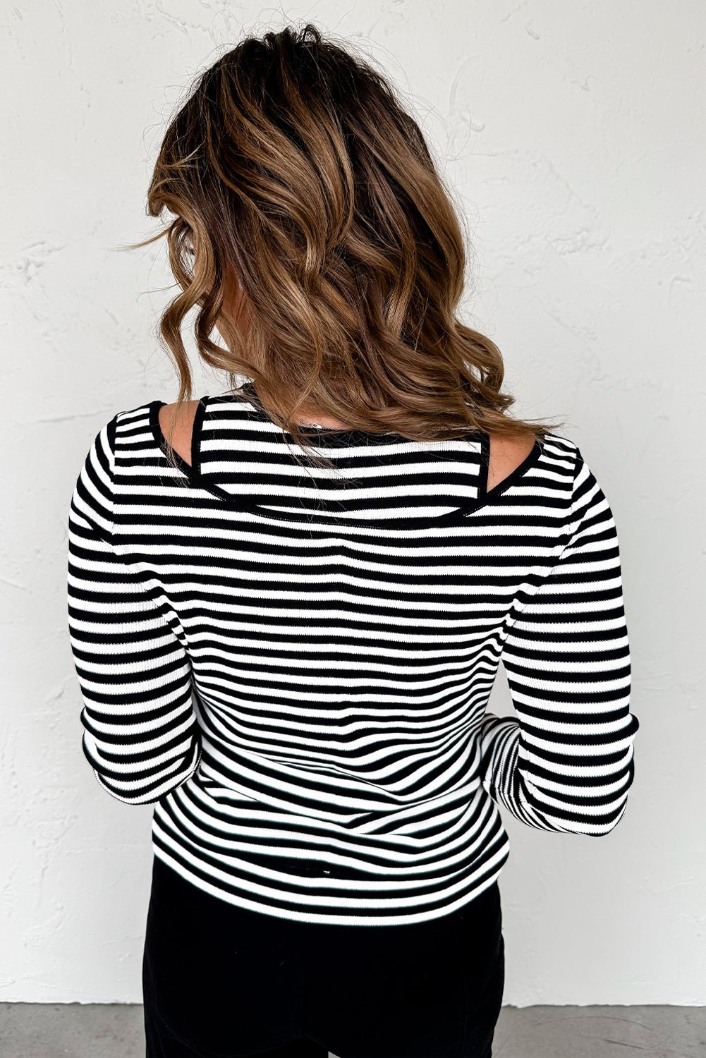 Black Striped Cutout Long Sleeve Top - MAD RUFFI