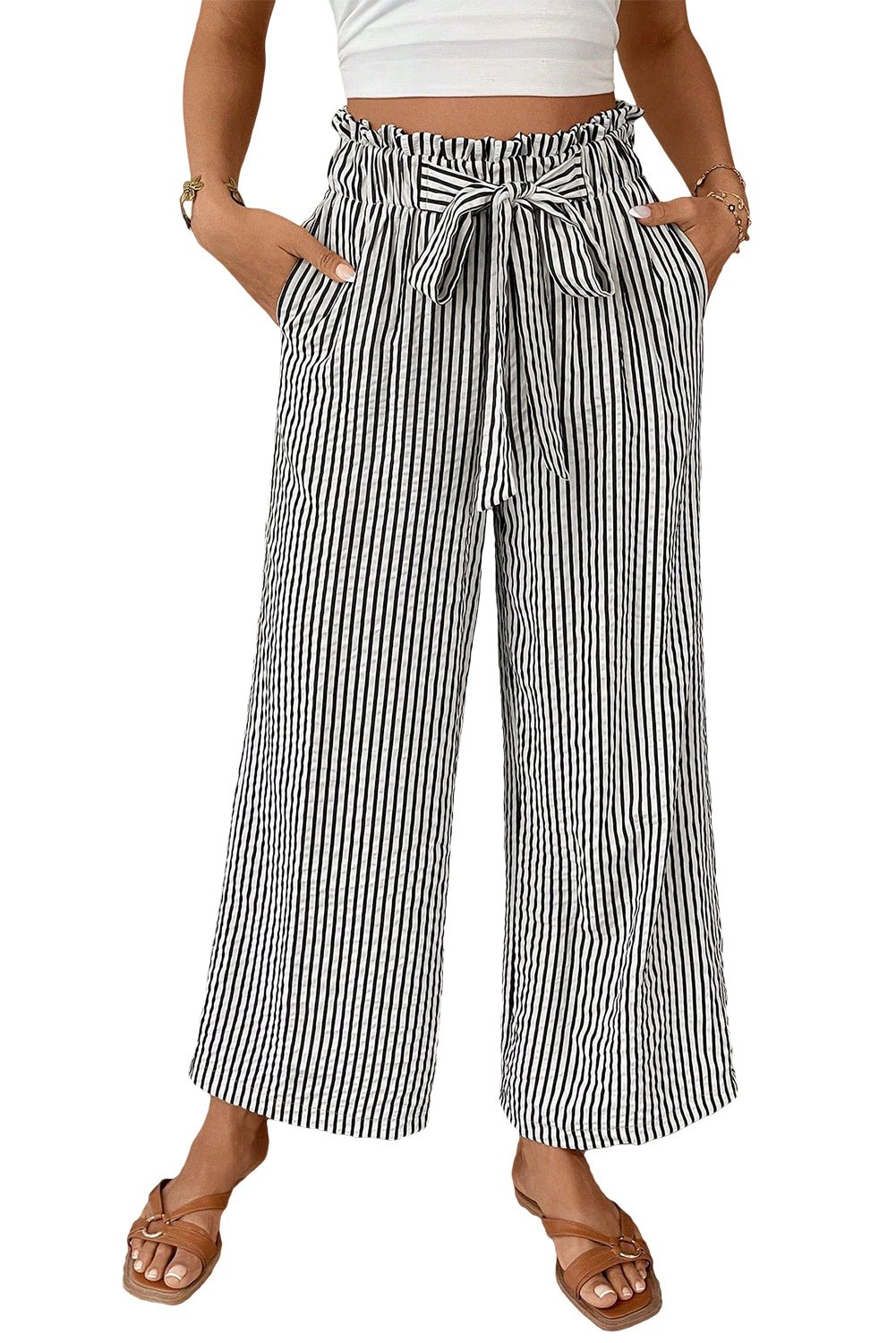Black Striped Frill Knot Waist Decor Pants - MAD RUFFI