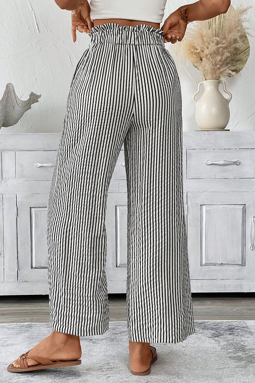 Black Striped Frill Knot Waist Decor Pants - MAD RUFFI