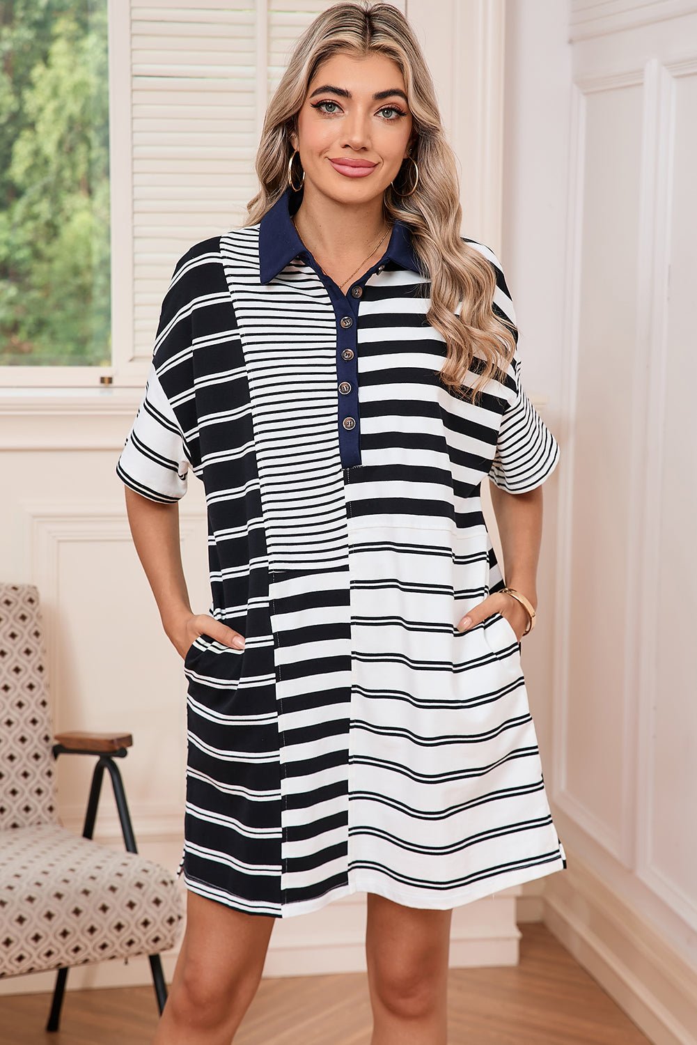 Black Striped Patchwork Collared Mini Dress - MAD RUFFI