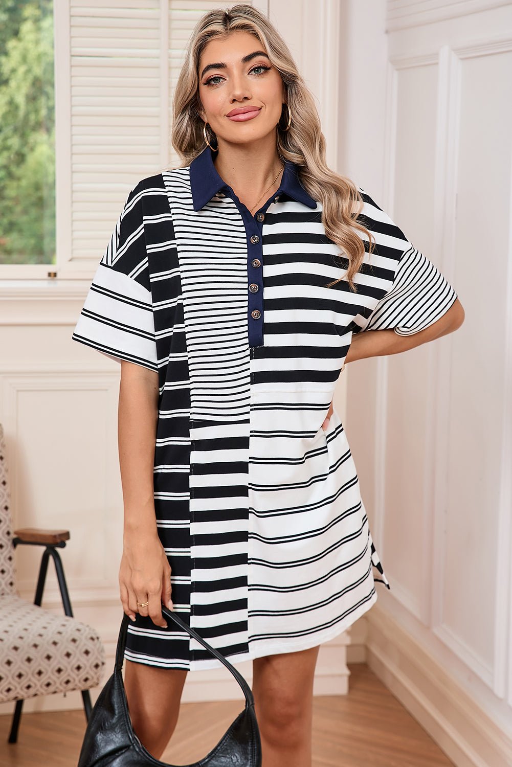 Black Striped Patchwork Collared Mini Dress - MAD RUFFI