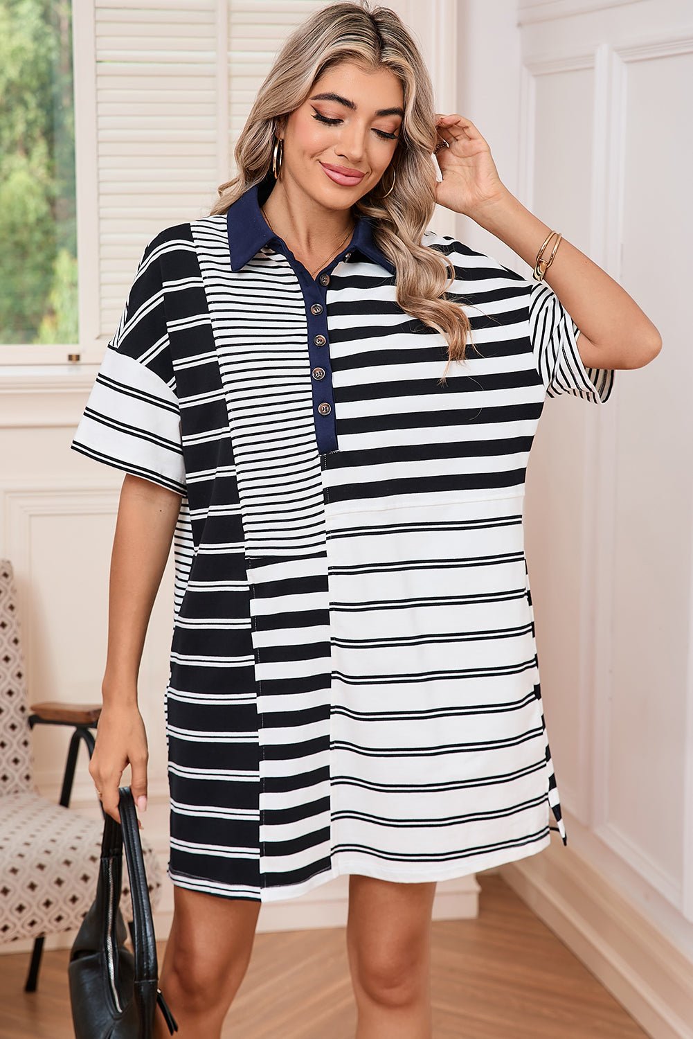 Black Striped Patchwork Collared Mini Dress - MAD RUFFI