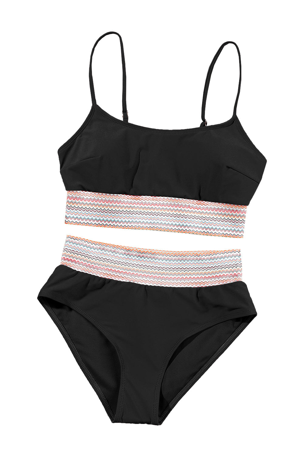 Black Striped Patchwork Spaghetti Strap High Waist Bikini Set - MAD RUFFI