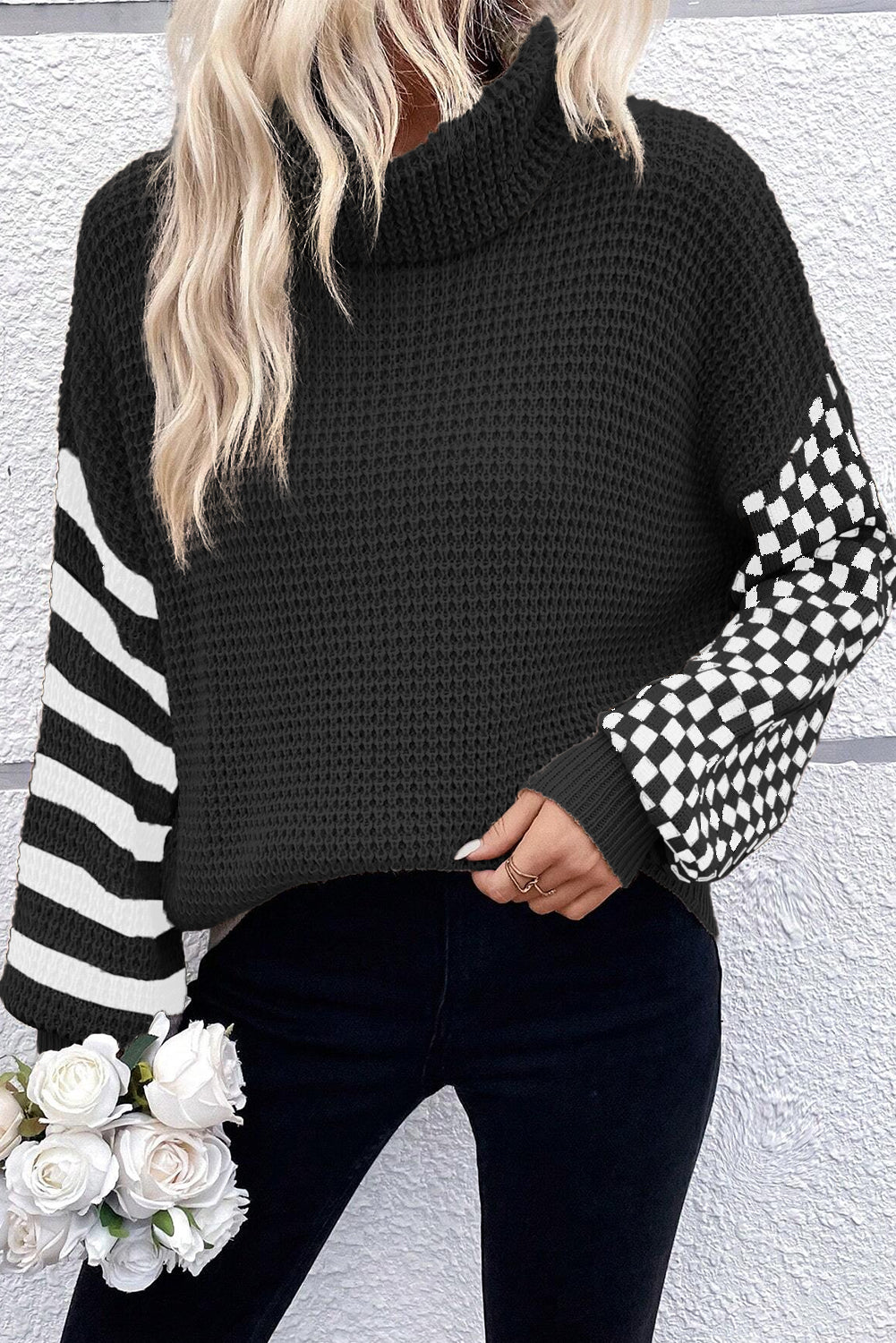 Black Striped Plaid Patchwork Waffle Knit Turtleneck Sweater - MAD RUFFI