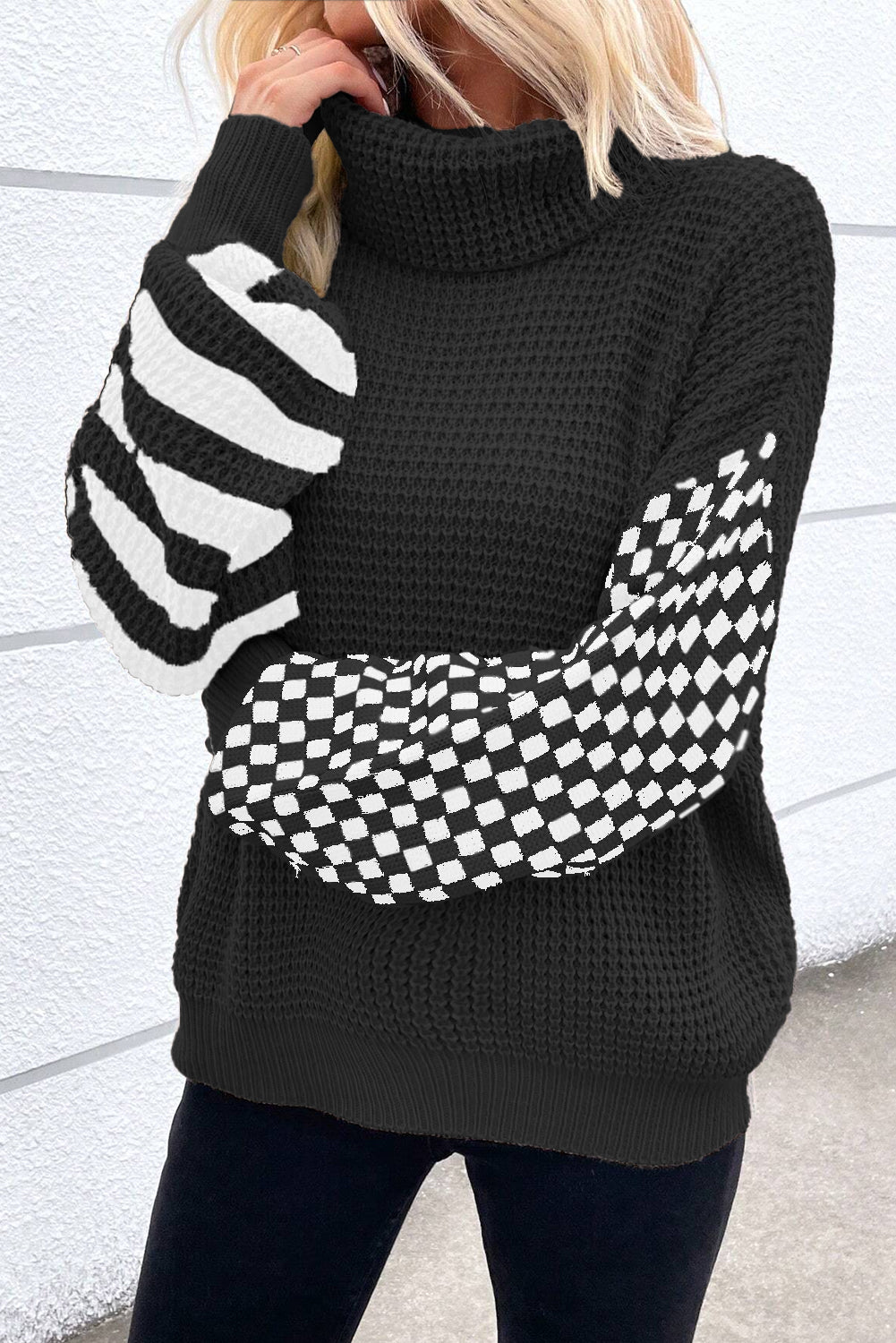 Black Striped Plaid Patchwork Waffle Knit Turtleneck Sweater - MAD RUFFI