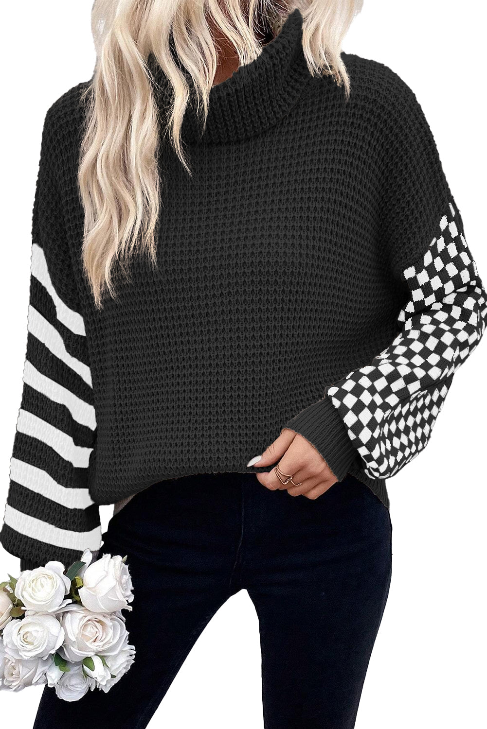 Black Striped Plaid Patchwork Waffle Knit Turtleneck Sweater - MAD RUFFI