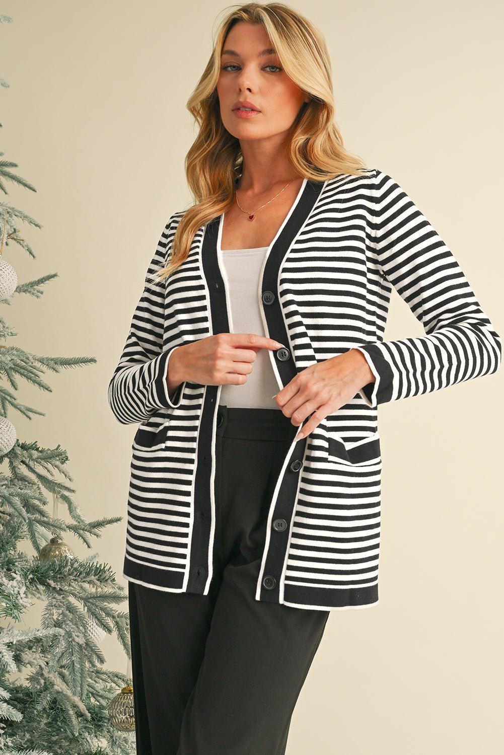 Black Striped Pocketed Button Long Cardigan - MAD RUFFI