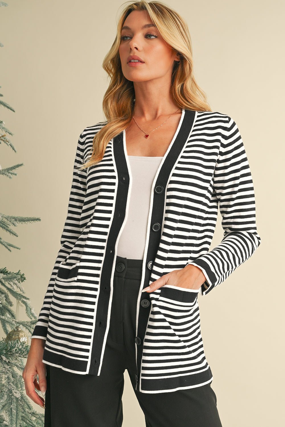 Black Striped Pocketed Button Long Cardigan - MAD RUFFI