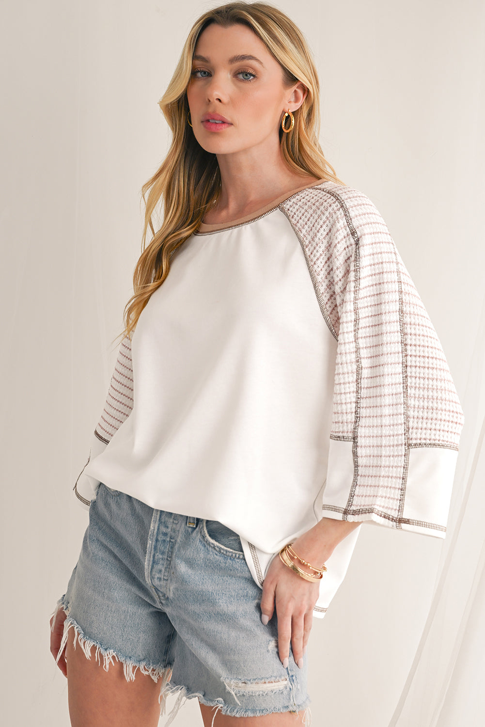 Black Striped Raglan Sleeve Patchwork Top - MAD RUFFI