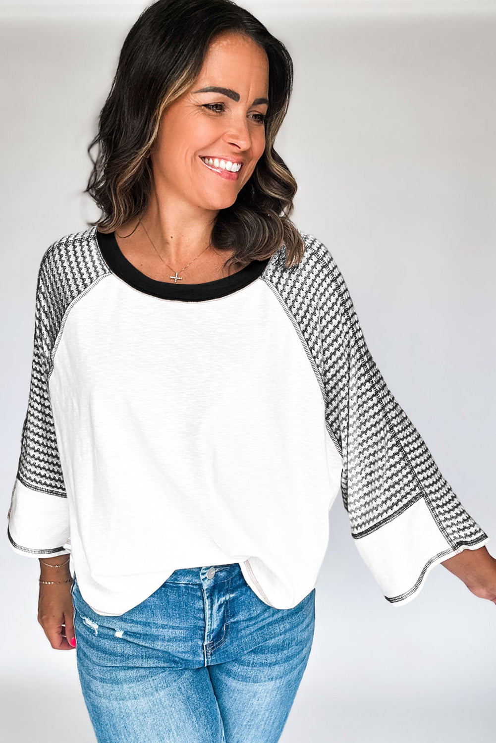 Black Striped Raglan Sleeve Patchwork Top - MAD RUFFI