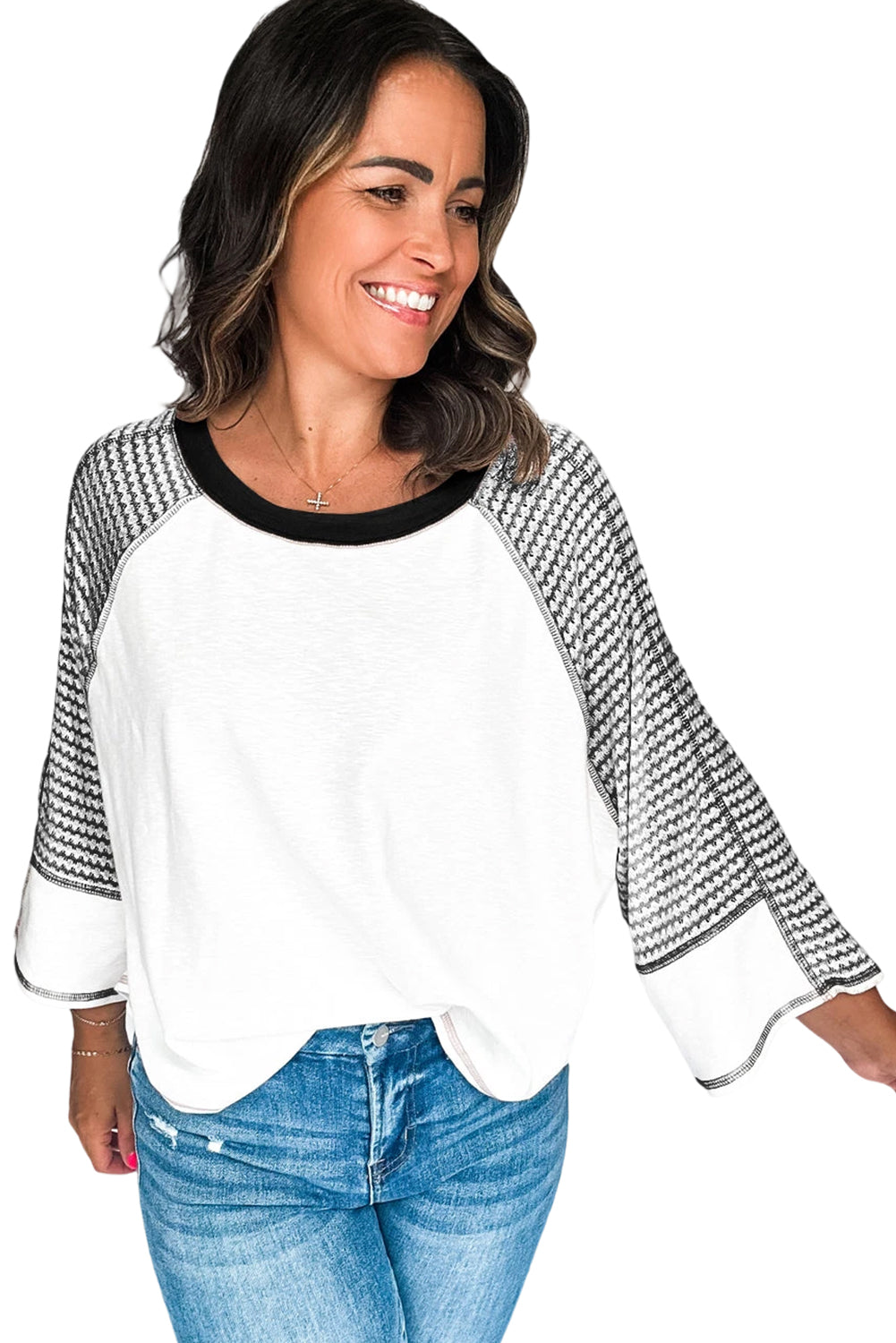 Black Striped Raglan Sleeve Patchwork Top - MAD RUFFI