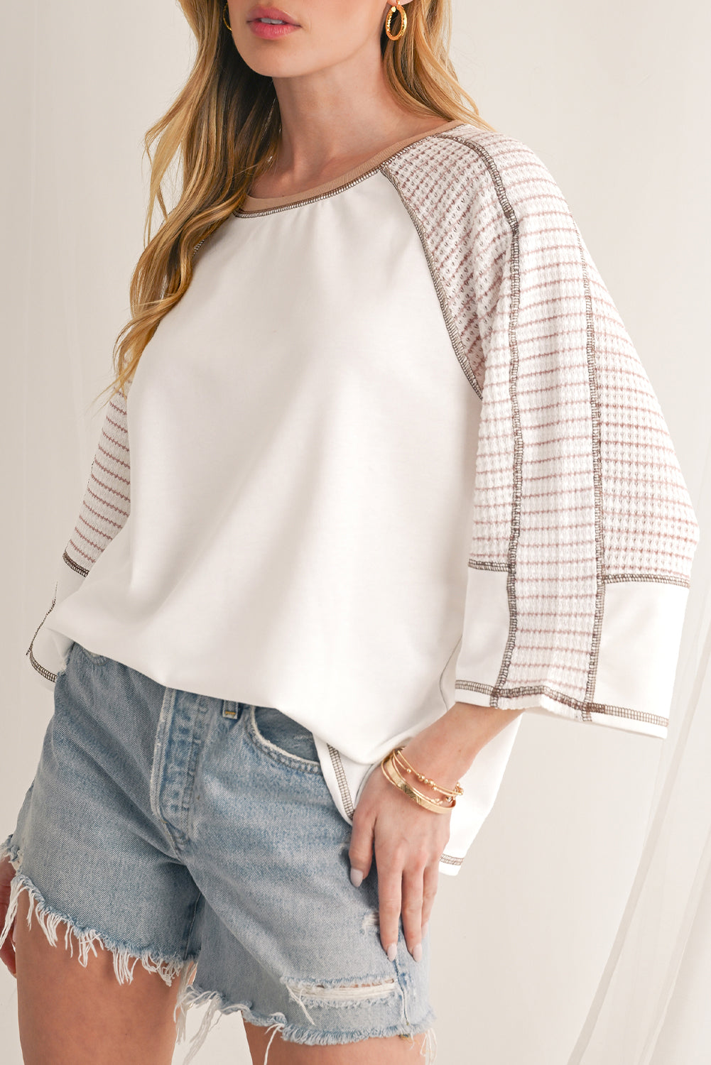 Black Striped Raglan Sleeve Patchwork Top - MAD RUFFI