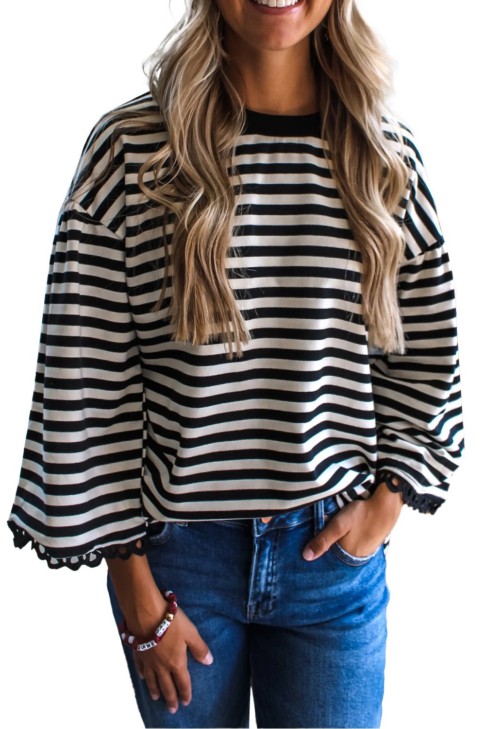 Black Striped Round Neck Contrast Trim Bell Sleeve Top - MAD RUFFI