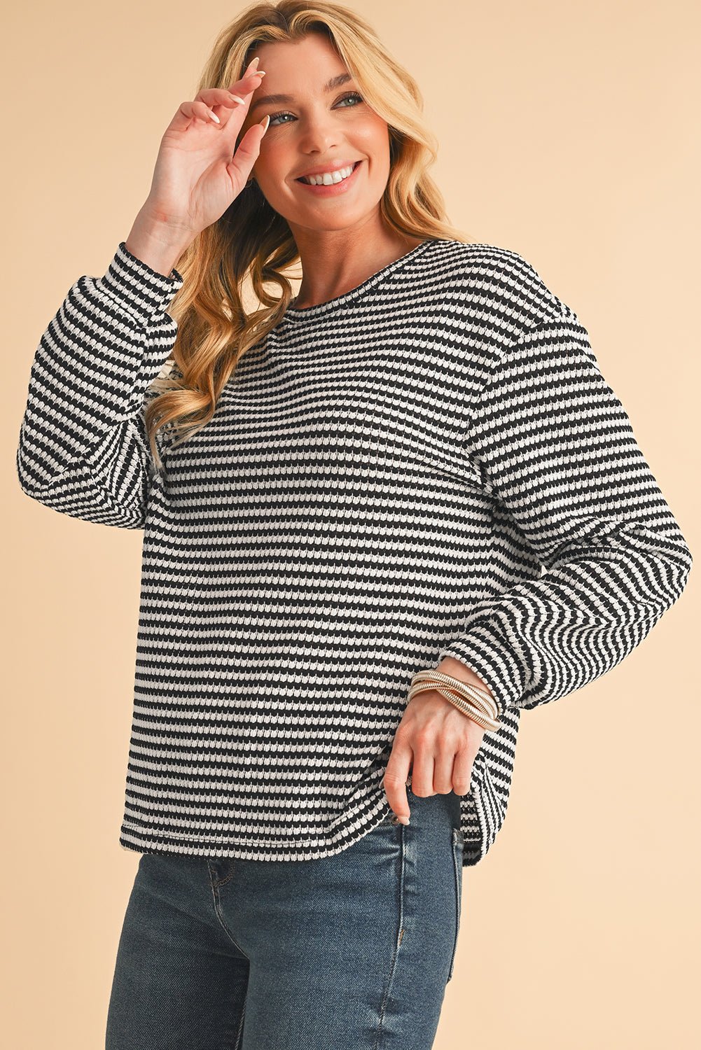 Black Striped Round Neck Drop Shoulder Long Sleeve Top - MAD RUFFI