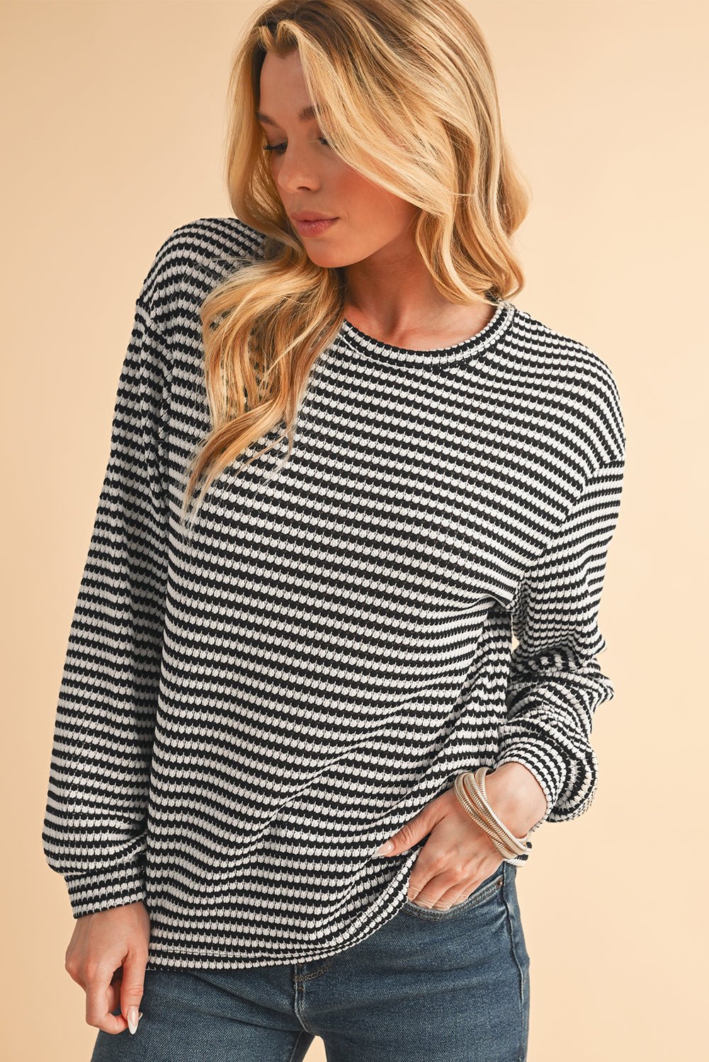 Black Striped Round Neck Drop Shoulder Long Sleeve Top - MAD RUFFI