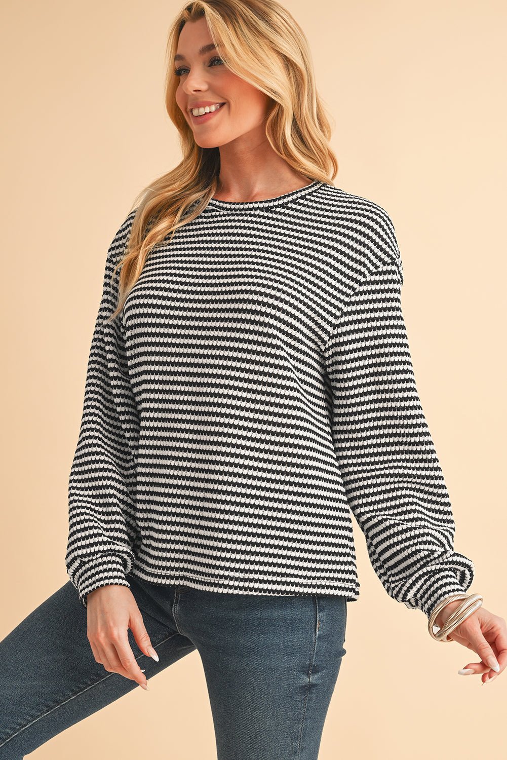 Black Striped Round Neck Drop Shoulder Long Sleeve Top - MAD RUFFI