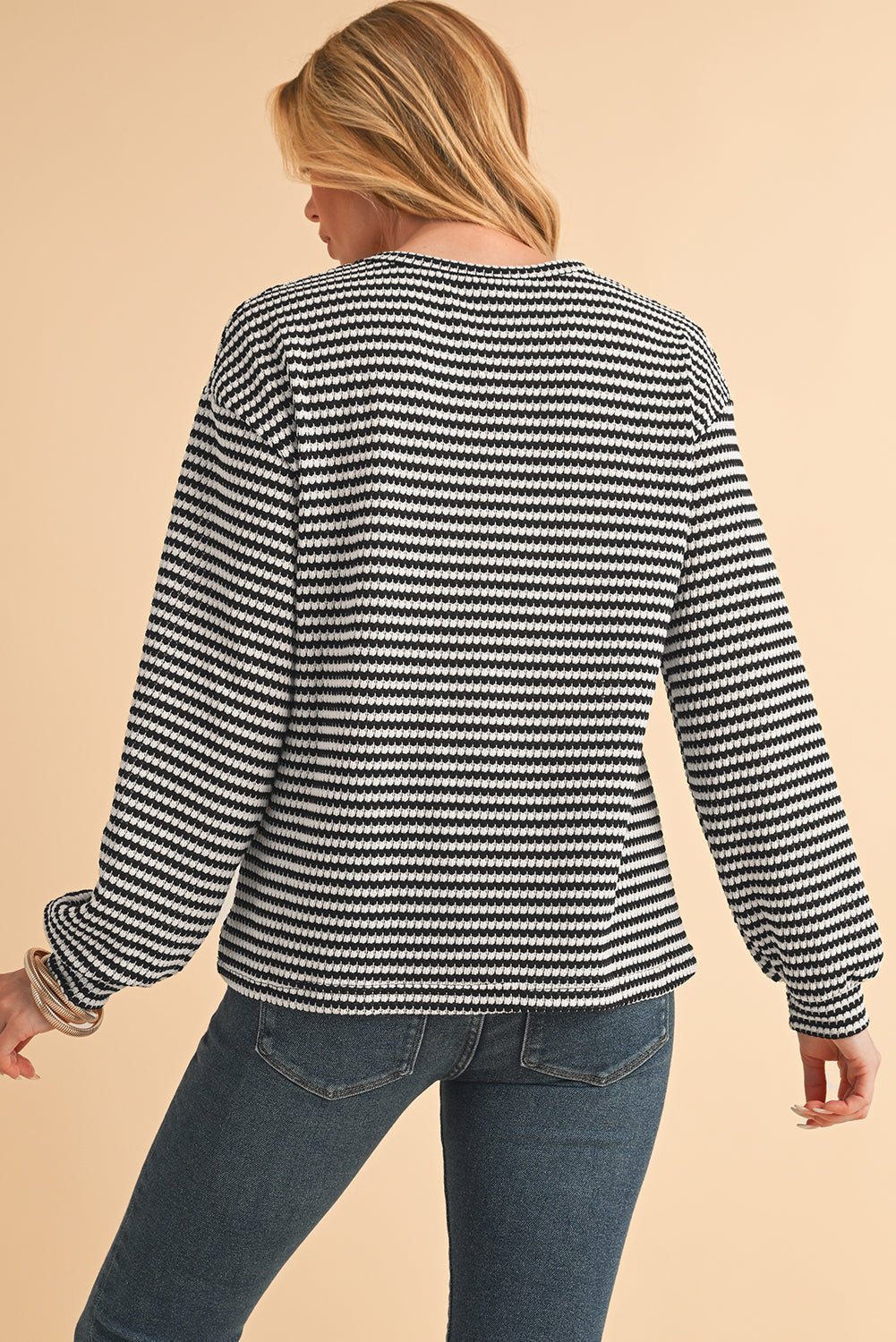 Black Striped Round Neck Drop Shoulder Long Sleeve Top - MAD RUFFI