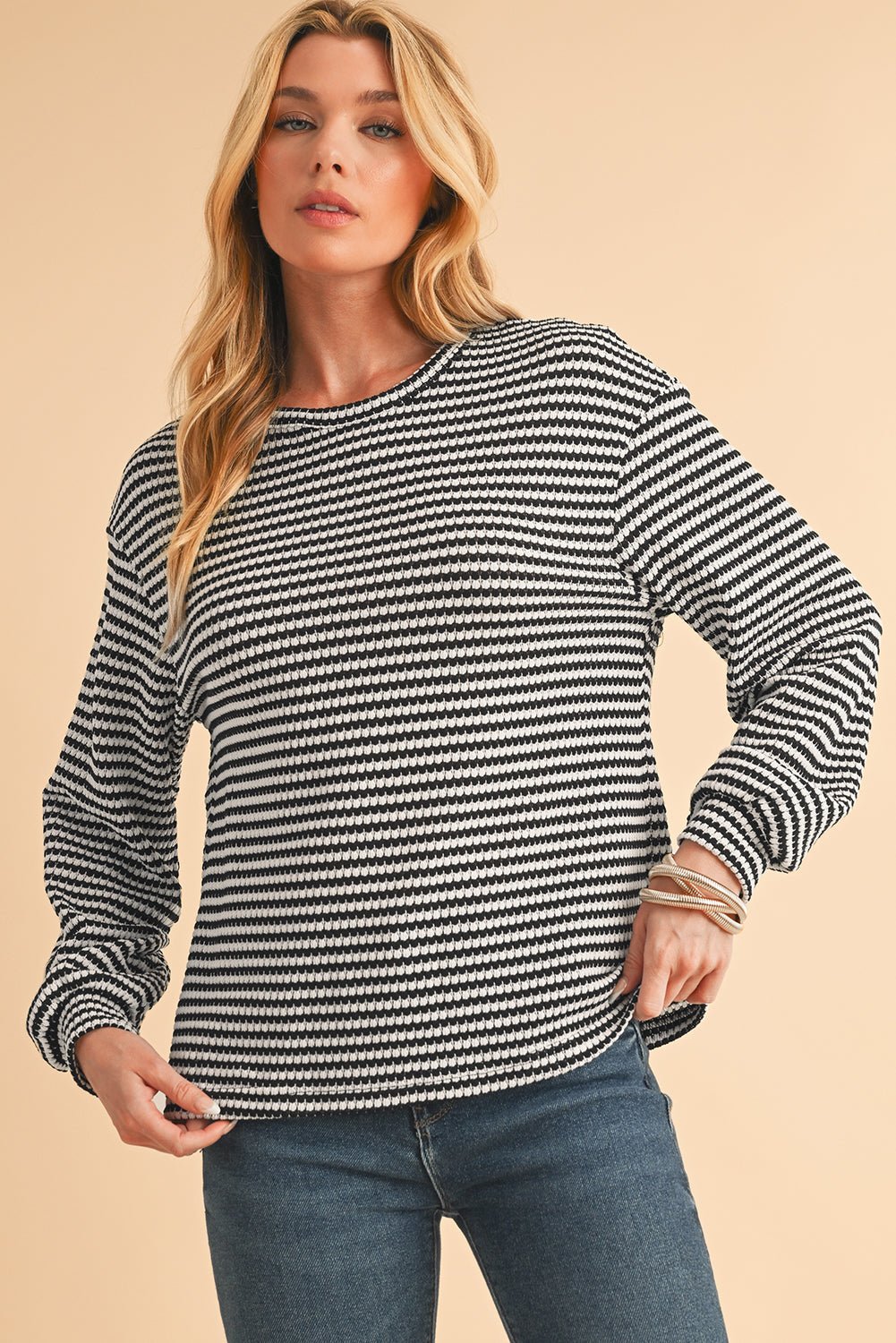 Black Striped Round Neck Drop Shoulder Long Sleeve Top - MAD RUFFI