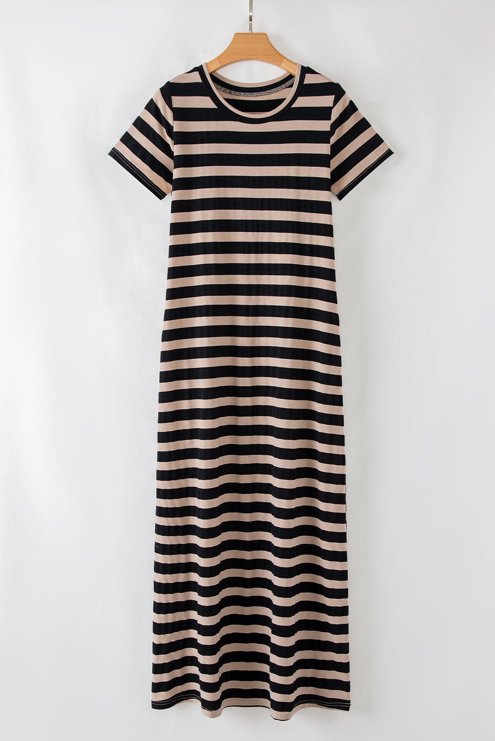 Black Striped Side Pockets T-shirt Maxi Dress - MAD RUFFI