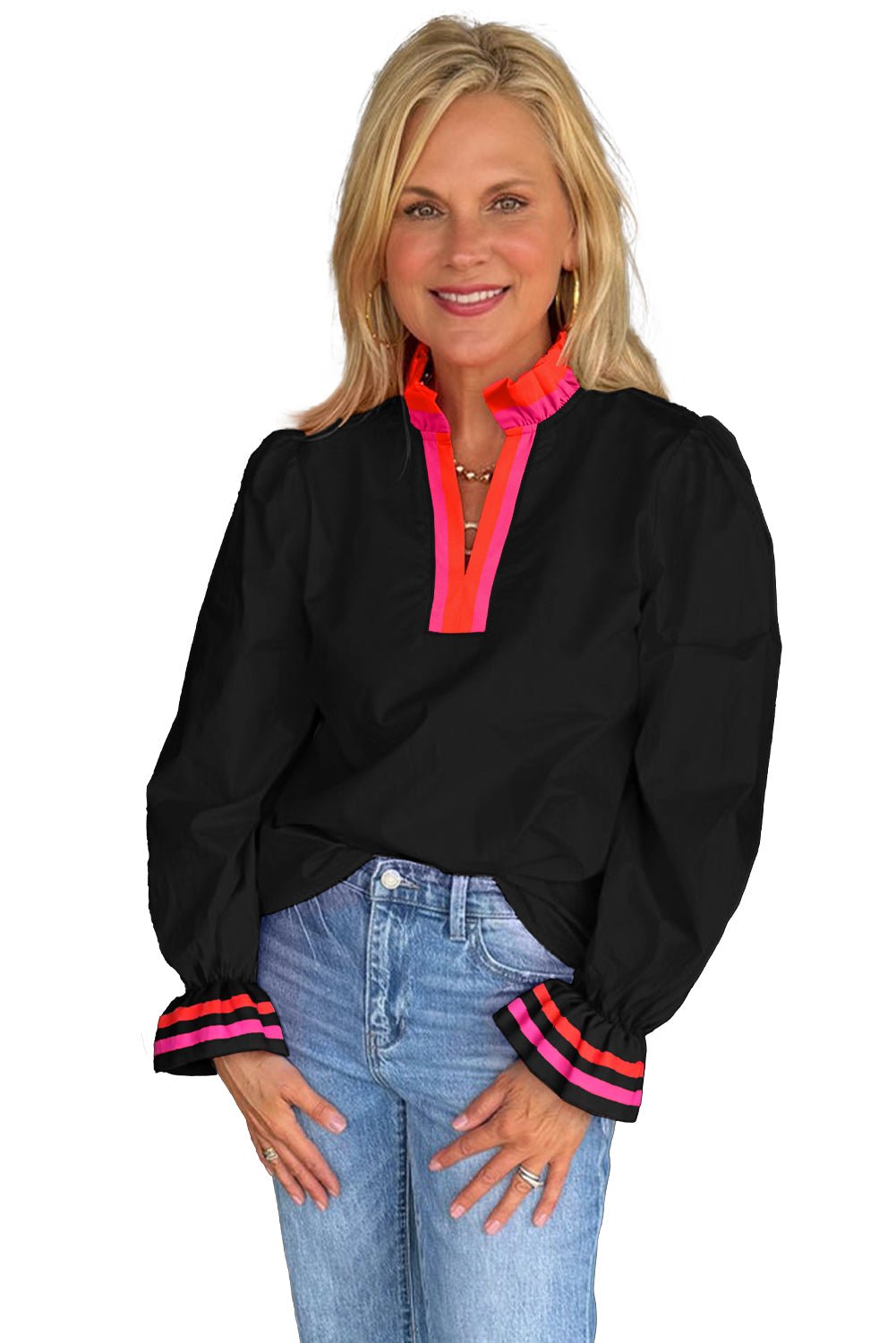 Black Striped Trim Ruffle Split Neck Long Sleeve Blouse - MAD RUFFI