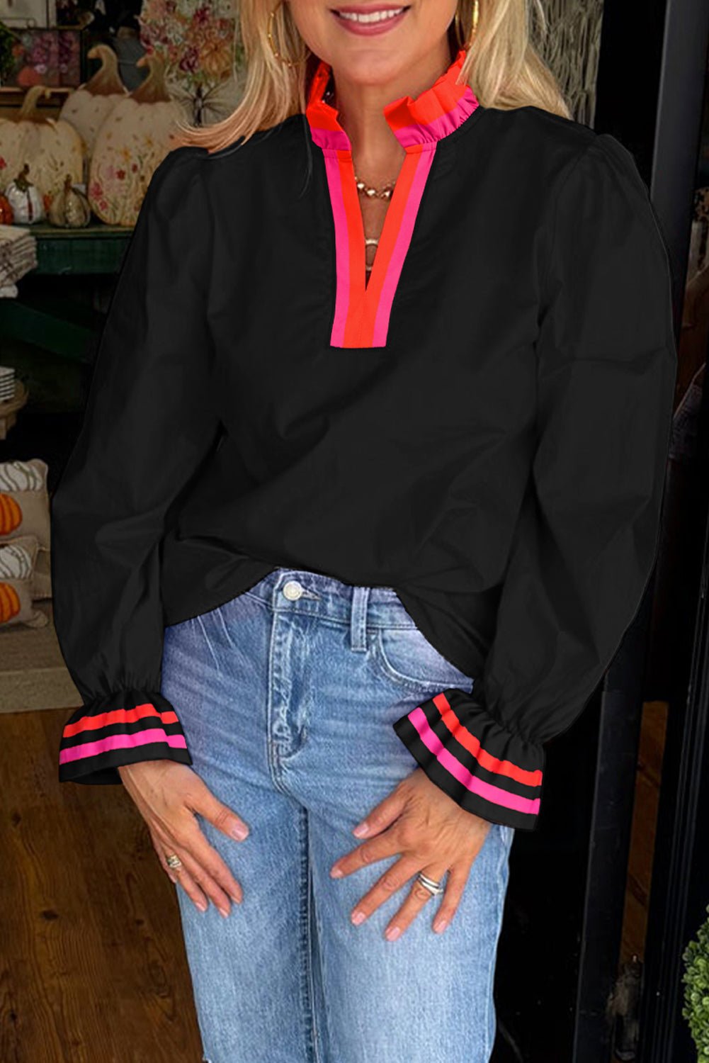 Black Striped Trim Ruffle Split Neck Long Sleeve Blouse - MAD RUFFI
