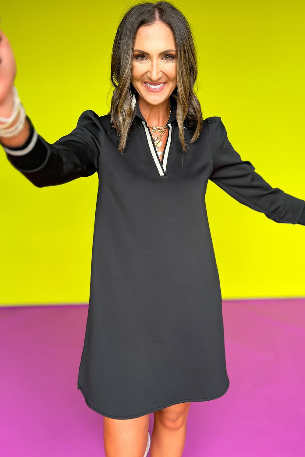 Black Striped Trim V Neck Collared Puff Sleeve Mini Dress - MAD RUFFI