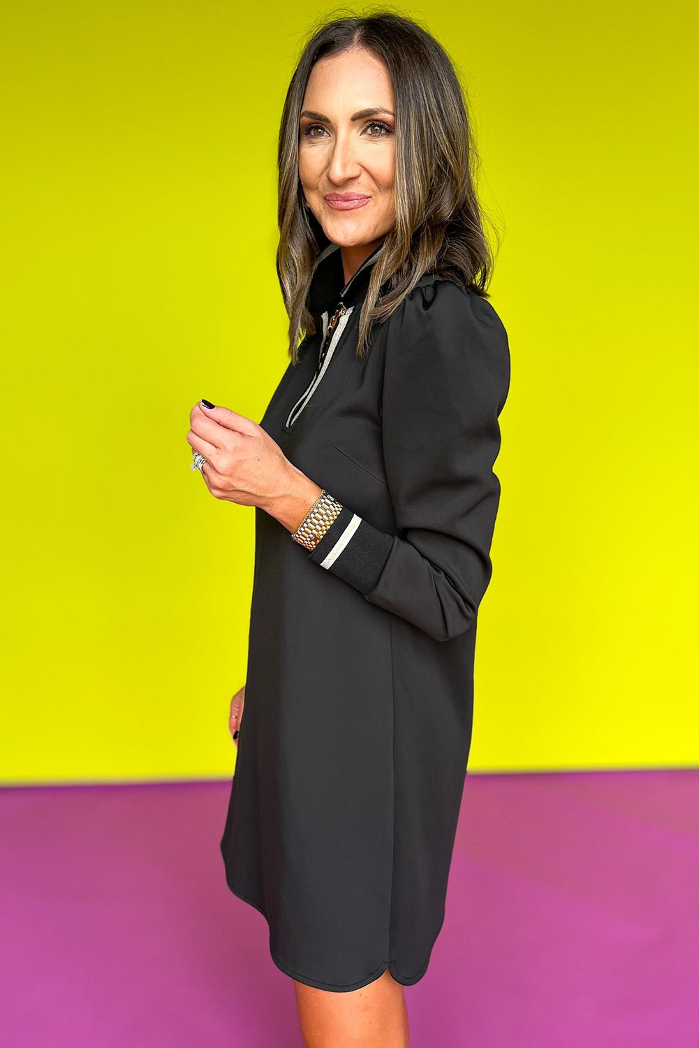 Black Striped Trim V Neck Collared Puff Sleeve Mini Dress - MAD RUFFI