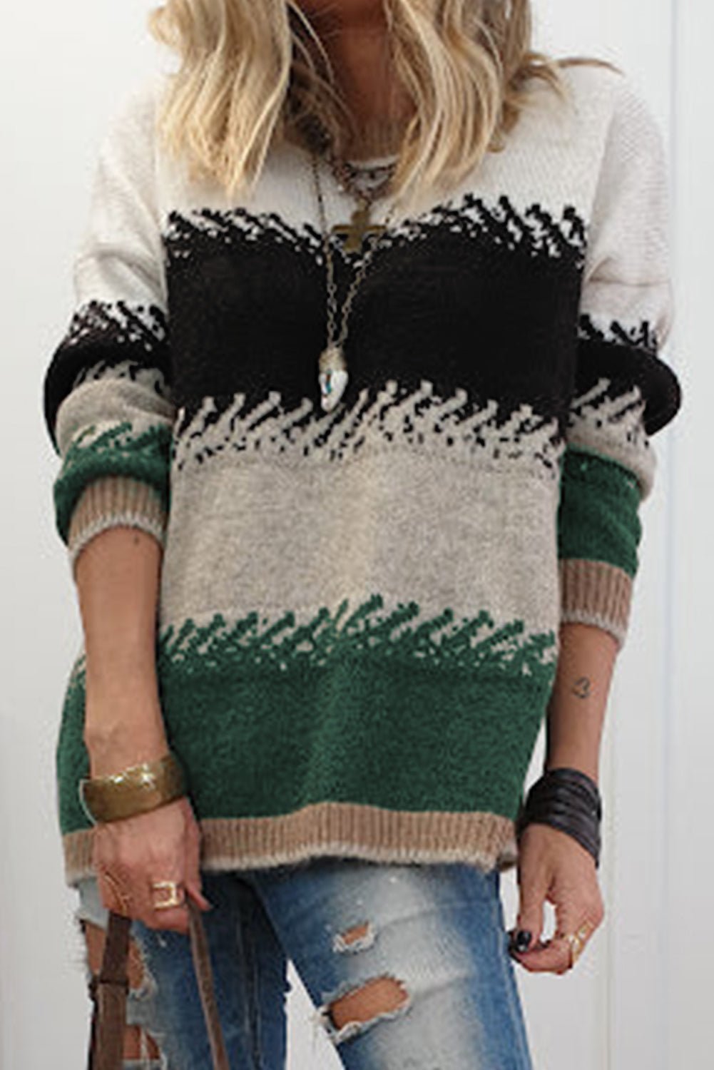 Black Stylish Color Block Pattern Drop Shoulder Sweater - MAD RUFFI