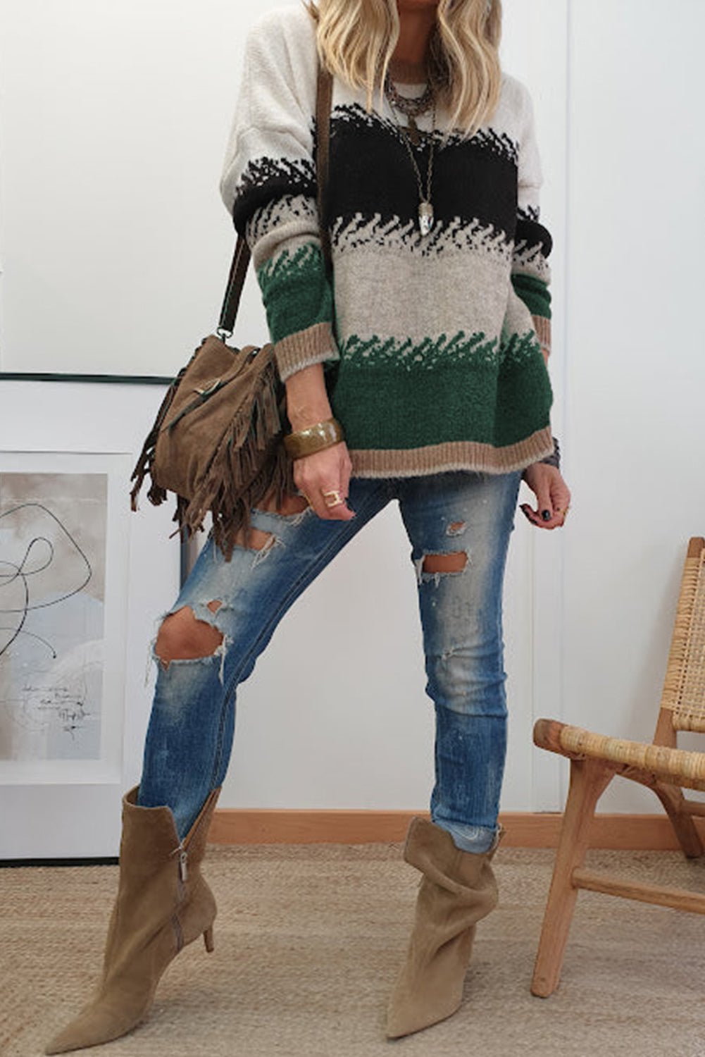 Black Stylish Color Block Pattern Drop Shoulder Sweater - MAD RUFFI