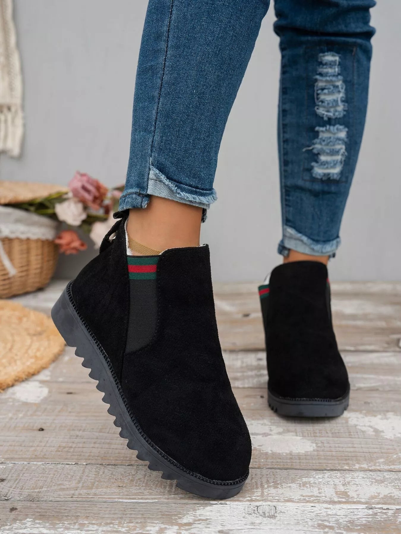 Black Suede Ankle Boots with Designer Stripe Detail - MAD RUFFI