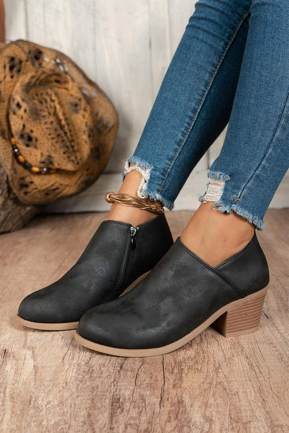 Black Suede Block Heel Ankle Boot - MAD RUFFI