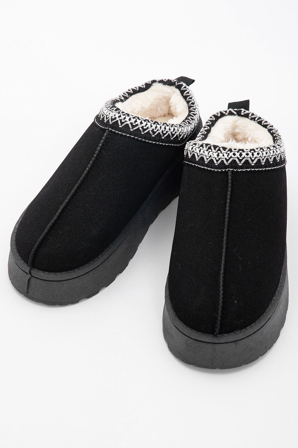 Black Suede Contrast Print Round Toe Slippers - MAD RUFFI