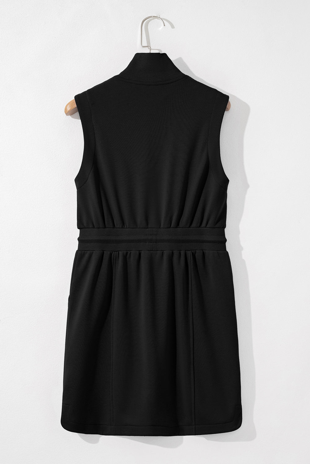 Black Terry Zipped Collar Sleeveless Drawstring Waist Mini Dress - MAD RUFFI