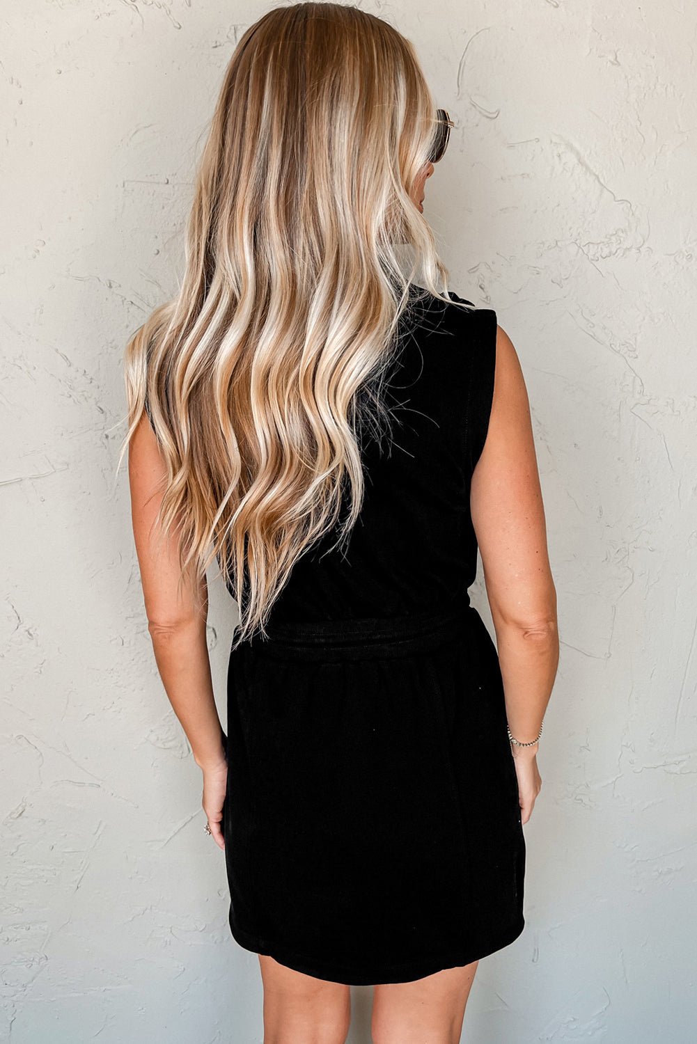 Black Terry Zipped Collar Sleeveless Drawstring Waist Mini Dress - MAD RUFFI