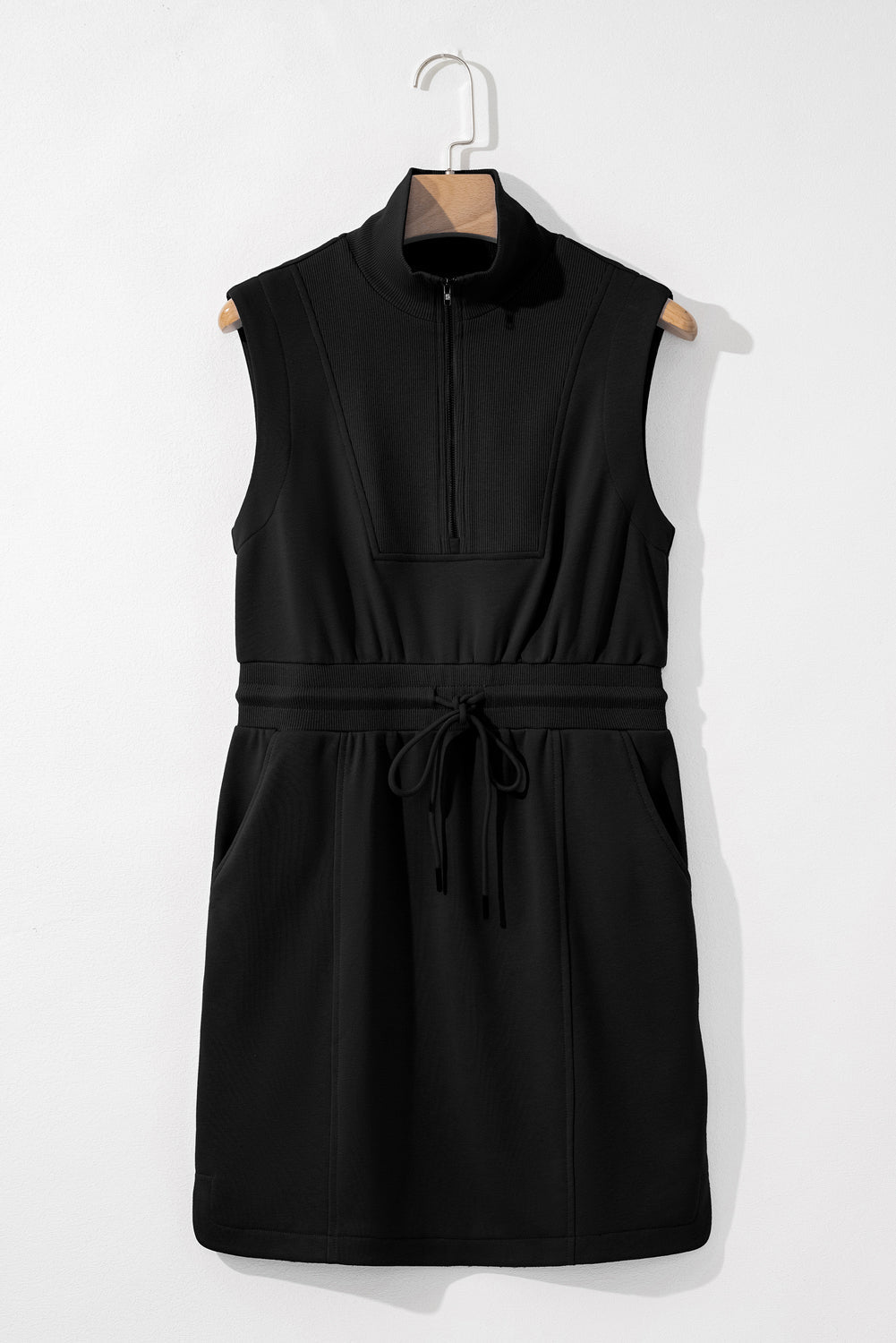 Black Terry Zipped Collar Sleeveless Drawstring Waist Mini Dress - MAD RUFFI