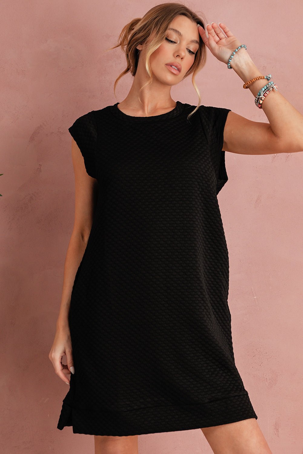 Black Textured Cap Sleeve T Shirt Shift Mini Dress - MAD RUFFI