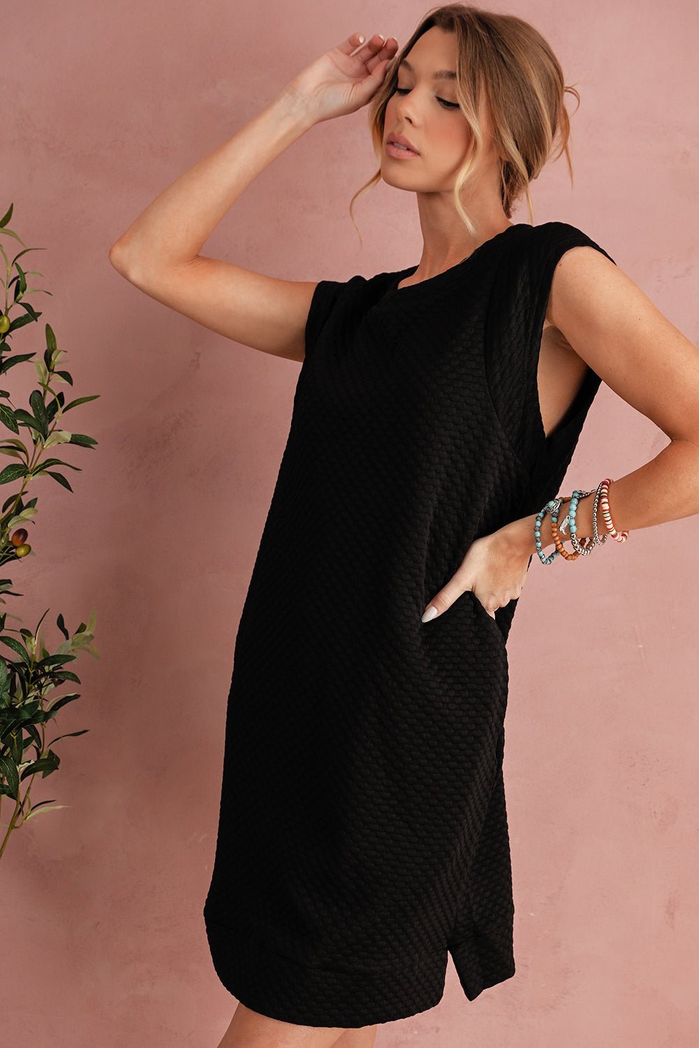 Black Textured Cap Sleeve T Shirt Shift Mini Dress - MAD RUFFI