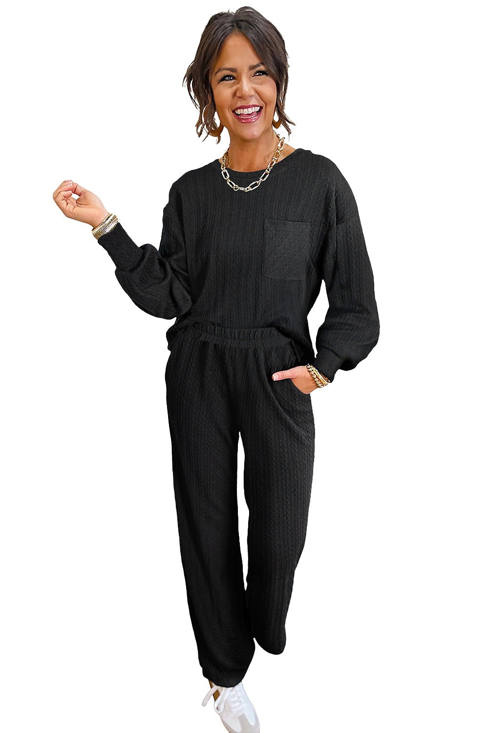 Black Textured Chest Pocket Drop Sleeve Top and Pants Set - MAD RUFFI